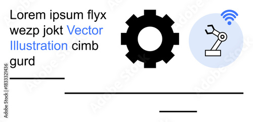 Industrial automation, robotics, wireless connectivity, smart manufacturing, gear mechanisms, technology integration. Gear icon next to robotic arm with a wireless signal. Industrial automation