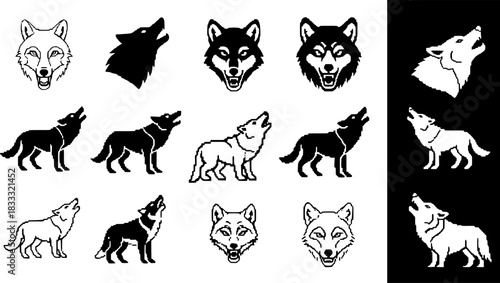 Diverse wolf icons in silhouette and pixel styles featuring minimalist and detailed designs
