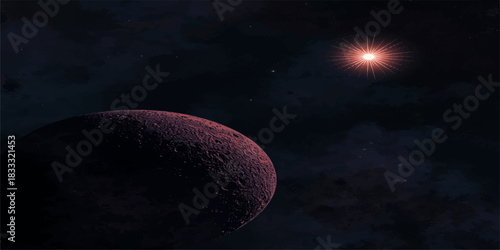 Crimson Eclipse Beyond the Veil: A shadowed planet drifts through cosmic mist, illuminated by a distant star in the quiet theater of deep space.