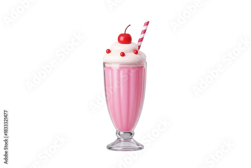 Pink milkshake in glass with whipped cream and cherry topping isolated