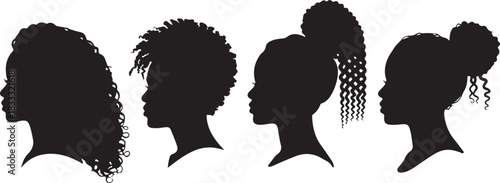 Silhouettes of women with various hairstyles in profile with afro hair and different bun