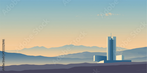Solitary futuristic white tower standing in misty valley with layered purple mountains at dawn minimalist illustration