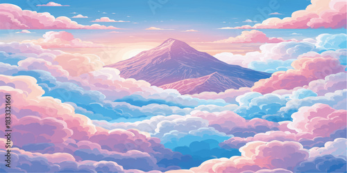 A mountain rises above a pastel sea of clouds, glowing in golden light as dawn whispers serenity, wonder, and the quiet majesty of nature’s breath.