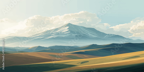 Majestic silence unfolds as golden hills cradle a snow-capped peak beneath soft morning clouds, where seasons blend and light dances across nature’s timeless, tranquil embrace.