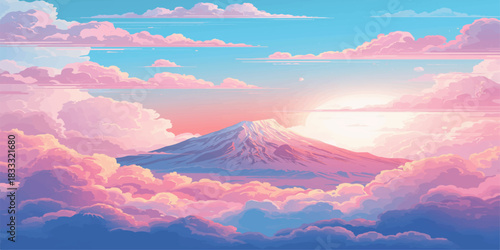 Beautiful snow-covered volcano surrounded by cotton candy clouds in whimsical pastel sky painting