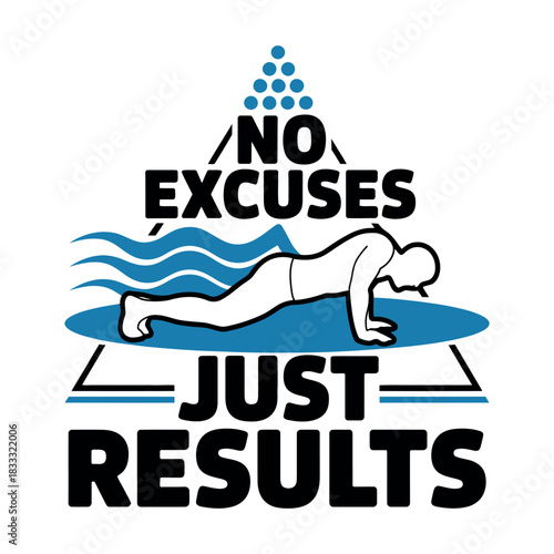 Graphic illustration of a person doing pushups with motivational text elements around