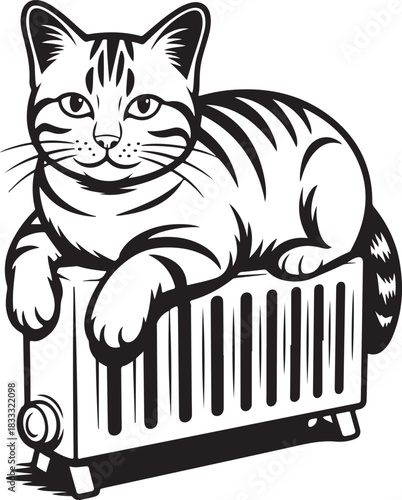 Tabby cat sitting on radiator is warming in winter home indoor is domestic animal
