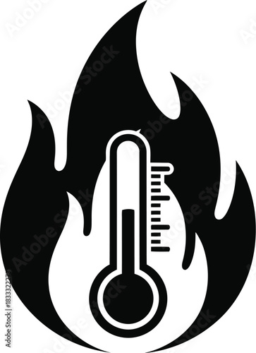 Rising temperatures a thermometer engulfed in black flames representing global warming