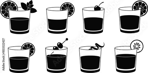 Black and white illustration of various cocktails in glasses with garnishes