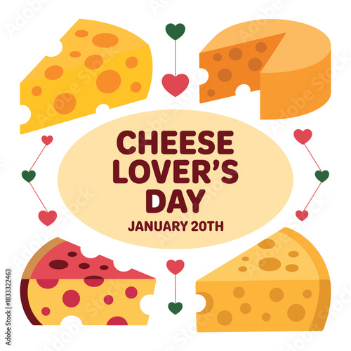 Celebration of cheese lover's day on january with cheese wedges and heart decorations