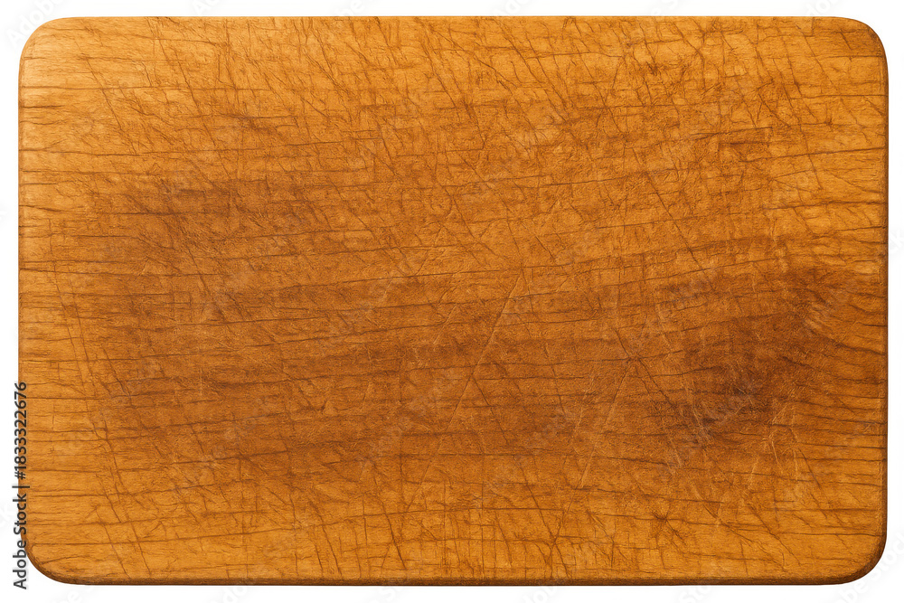 Naklejka premium Used wooden chopping board with textured surface and knife cut marks, isolated with transparent background