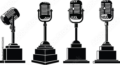 Four vintage style microphones on stands a black and white illustration
