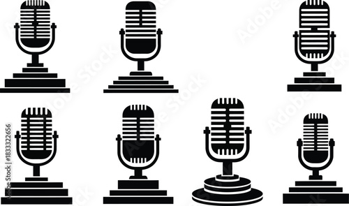 A collection of vintage style microphones in a black and white illustration