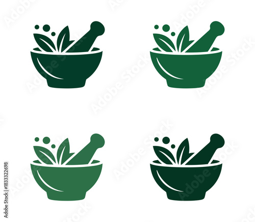 Four green mortar and pestle illustrations with leaves and dots on a white background