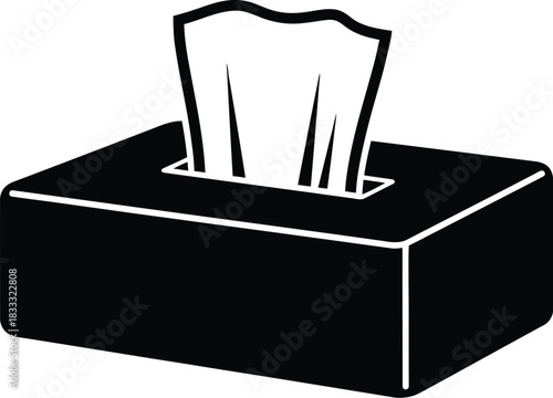 Simple black and white illustration of a rectangular tissue box with tissues