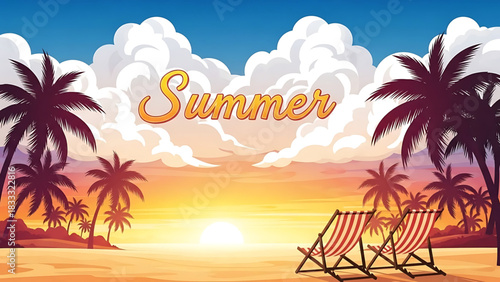 Idyllic Summer Beach Scene with Palm Trees and Relaxing Chairs