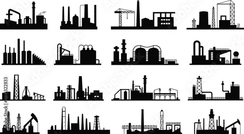 Industrial factory silhouette set, manufacturing plant icons, refinery industry illustration, energy production structures vector