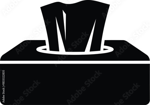 Simple black and white illustration of a rectangular tissue box with tissues