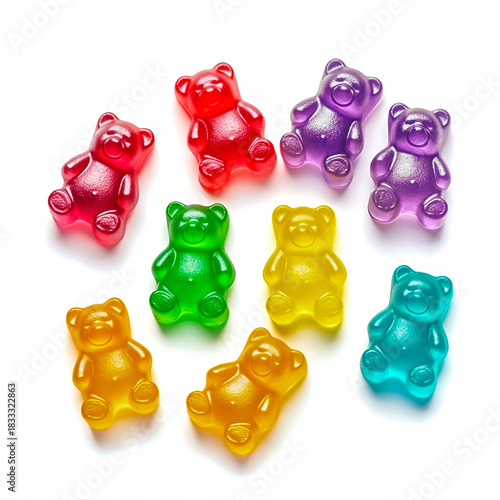 Fruchtgummi, farbige süße Gummibärchen, freigestellt vor weissem Hintergrund, Generative AI