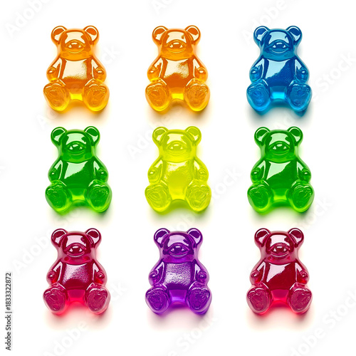 Fruchtgummi, farbige süße Gummibärchen, freigestellt vor weissem Hintergrund, Generative AI