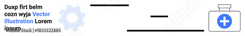 Healthcare innovation, medical services, technology advancements, pharmaceutical solutions, automation, diagnosis tools. A gear symbol and a medication icon with a cross. Healthcare innovation
