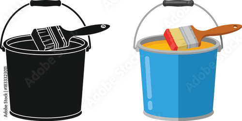 Two paint buckets with brushes one in color and one in monochrome