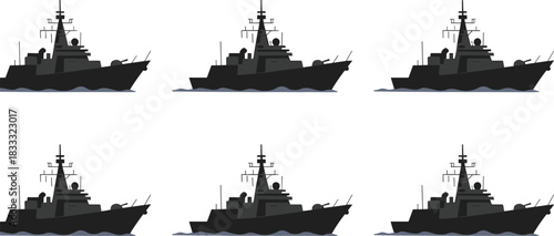 Navy Warship Illustration, Military Ships, Tactical Vessels, Ocean Defense, Fleet Formation, Maritime, Combat, Radar, Antennas, Weaponry, Side View