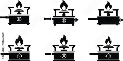 Simple black and white illustrations depicting multiple portable camping stoves