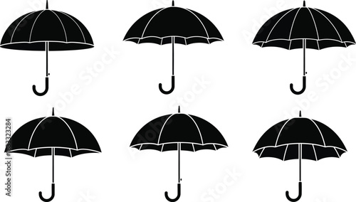A collection of six black umbrellas shown in a simple graphic arrangement