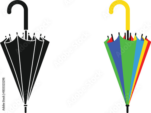 Two umbrellas depicted one black and white the other brightly colored