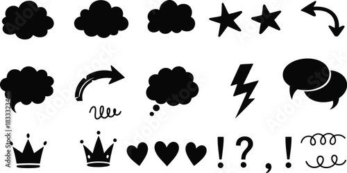 Black silhouette icons depicting weather royalty and abstract symbols