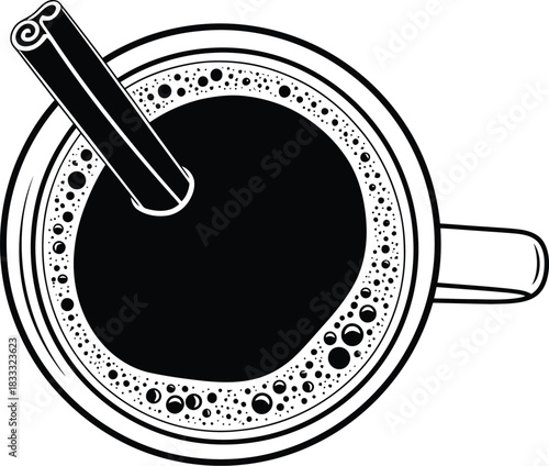 A simple black and white illustration of a coffee cup with cinnamon stick