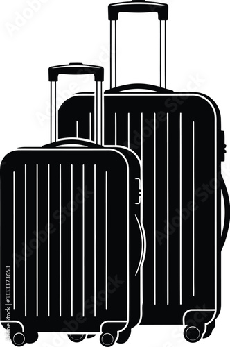 A simple graphic illustration depicting two black wheeled suitcases stacked together