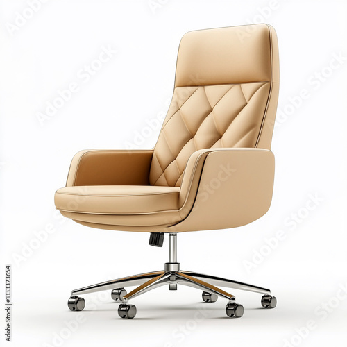 Gemütlicher beigefarbener Bürostuhl aus Leder, Chefsessel, freigestellt vor weißem Hintergrund, Generative AI