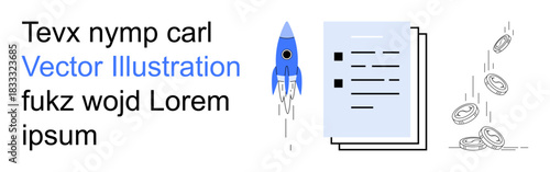 Business startups, innovation, financial success, workflow optimization, entrepreneurship, technology. A blue rocket, documents and falling coins . Business startups and innovation theme