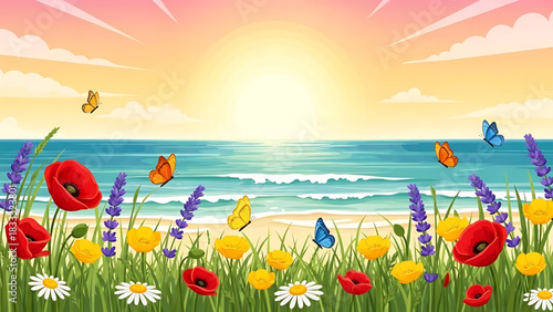 Serene sunset beach landscape with vibrant wildflowers and fluttering butterflies.