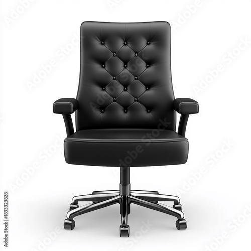 Gemütlicher schwarzer Bürostuhl aus Leder, Chefsessel, freigestellt vor weißem Hintergrund, Generative AI