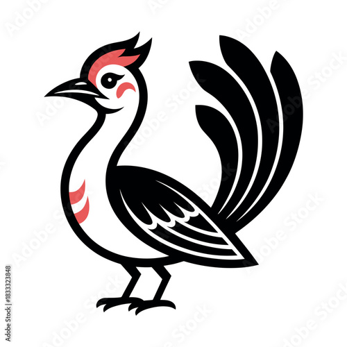 Illustration of a stylized bird with black and white plumage and red accents standing