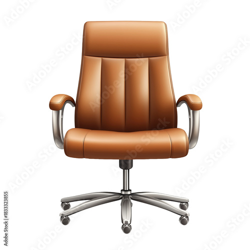 Gemütlicher Bürostuhl aus braunem Leder, Chefsessel, freigestellt vor transparentem Hintergrund, Generative AI