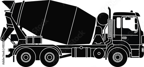 A black silhouette of a concrete mixer truck in a side view