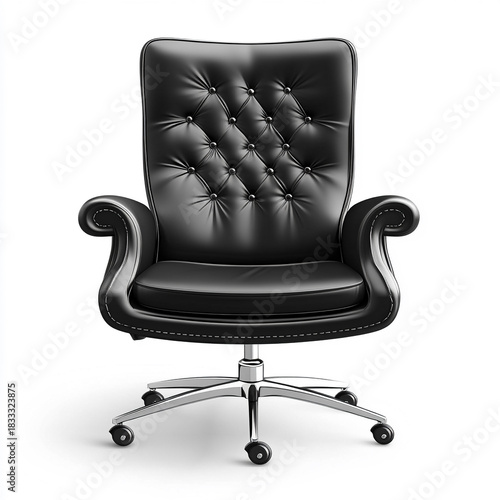 Gemütlicher schwarzer Bürostuhl aus Leder, Chefsessel, freigestellt vor weißem Hintergrund, Generative AI
