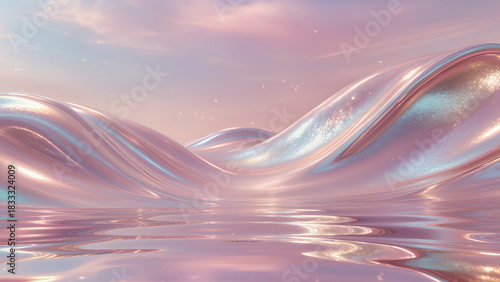 Abstract iridescent pink wave background with glossy metallic reflections
