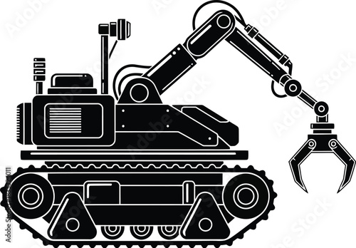 Black and white illustration of a robotic excavator with a claw attachment