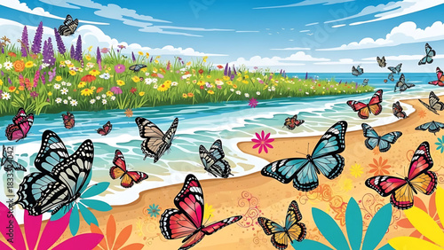 Whimsical beach scene brimming with colorful butterflies and vibrant meadow flowers