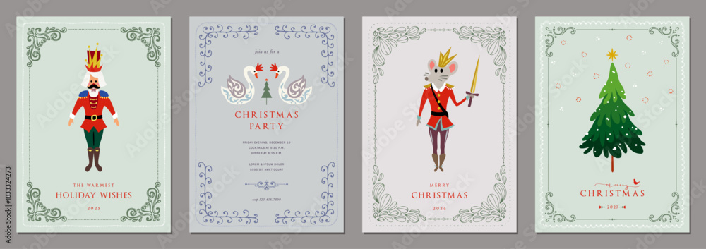 Fototapeta premium Vintage Holiday cards. Christmas template with decorative Christmas Tree, Nutcracker, mouse king, swans, ornate hand drawn frames with copy space and greetings.