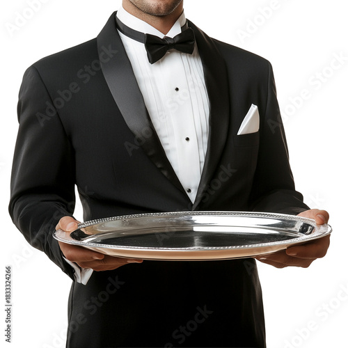 Butler hält ein leeres silbernes Tablett in den Händen, freigestellt vor transparentem Hintergrund, Generative AI