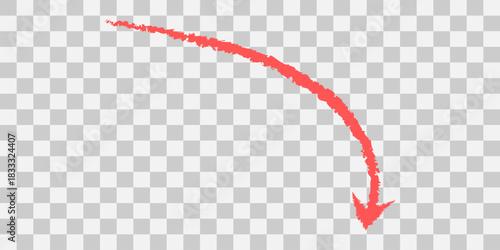 Red hand drawn curved arrow pointing downwards on transparent background