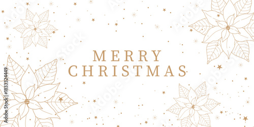 Merry Christmas! Greeting banner or invitation template featuring golden poinsettia flowers on a white background.