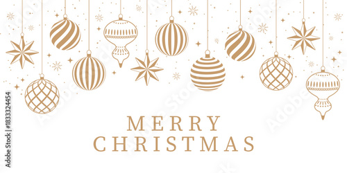 Merry Christmas! Greeting banner or invitation template with golden Christmas balls and decorations on a white background.