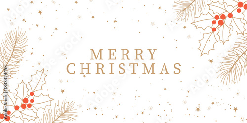 Merry Christmas! A greeting banner or invitation template featuring a golden Christmas tree and holly on a white background.